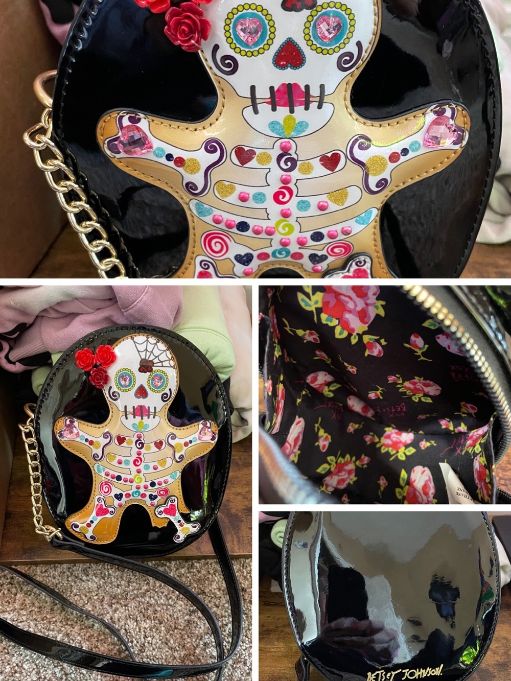Betsey Johnson Black Patent Sugar Skull Round Crossbody with Red Rose Accent